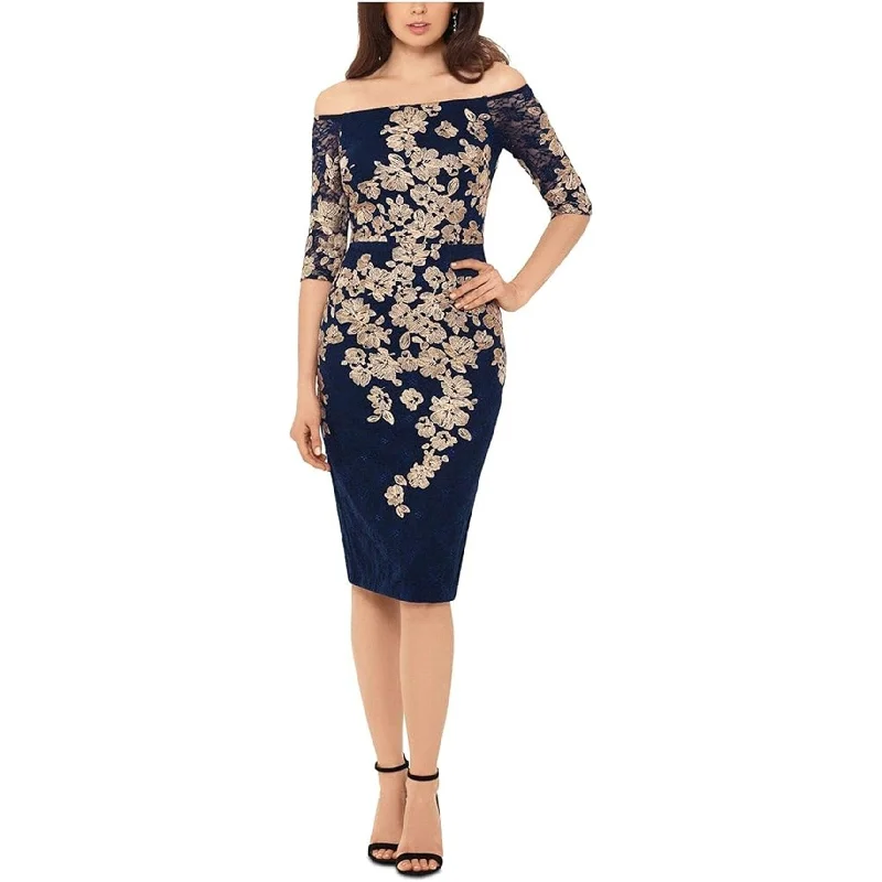 elegant shift dressXSCAPE Womens Metallic Floral Lace Sheath Dress, Blue, 4