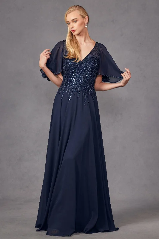 floral wrap dressChiffon Sleeves Deep V-Neck Embroidered Sequin Long Mother Of The Bride Dress JTJTM14F