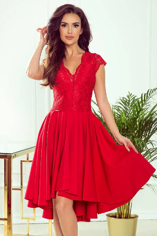 puff sleeve dressNumoco 300-2 PATRICIA - dress with longer back with lace neckline - Red