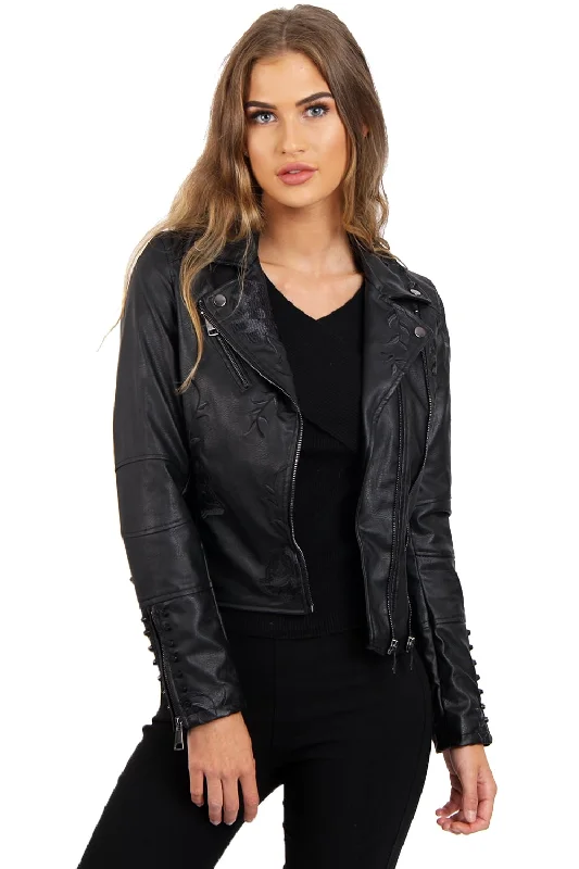 lightweight coatBlack Floral Embroidered Studded Detail Faux Leather Biker Jacket