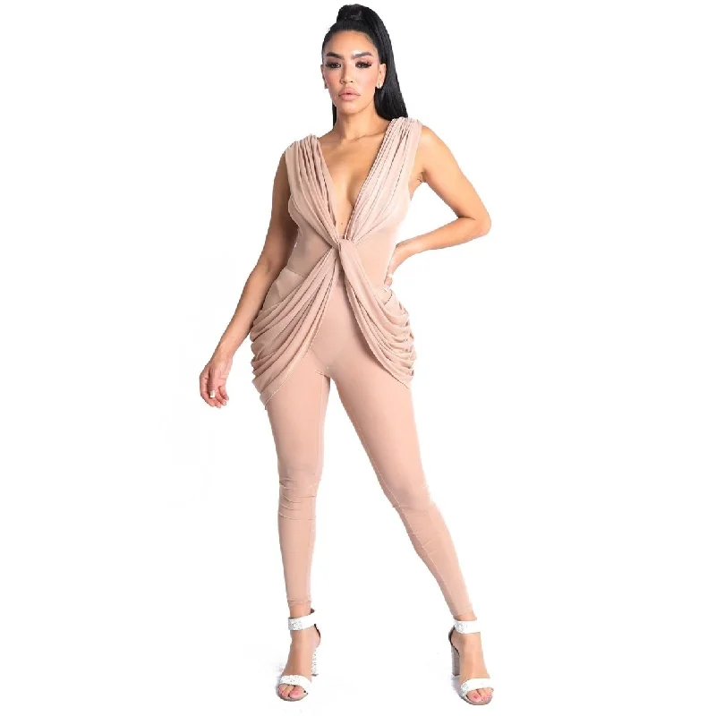 floral dressSexy Sleeveless Lightweight Draped Mesh Jumpsuit Party Clubwear Nude