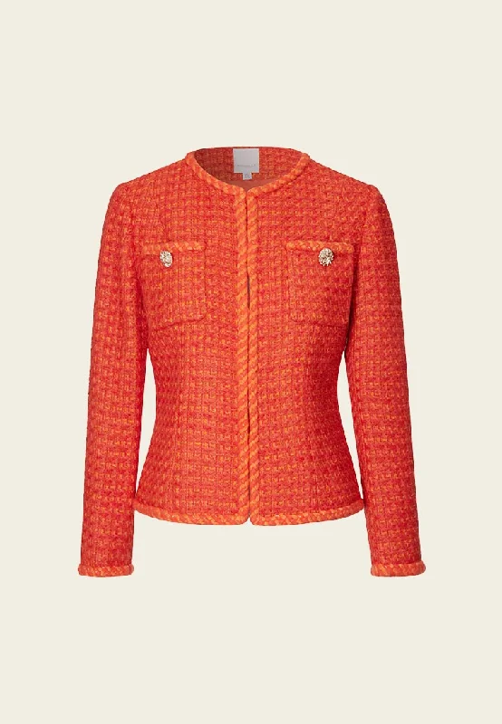 insulated winter jacketOrange Golden Button Embellished Tweed Jacket