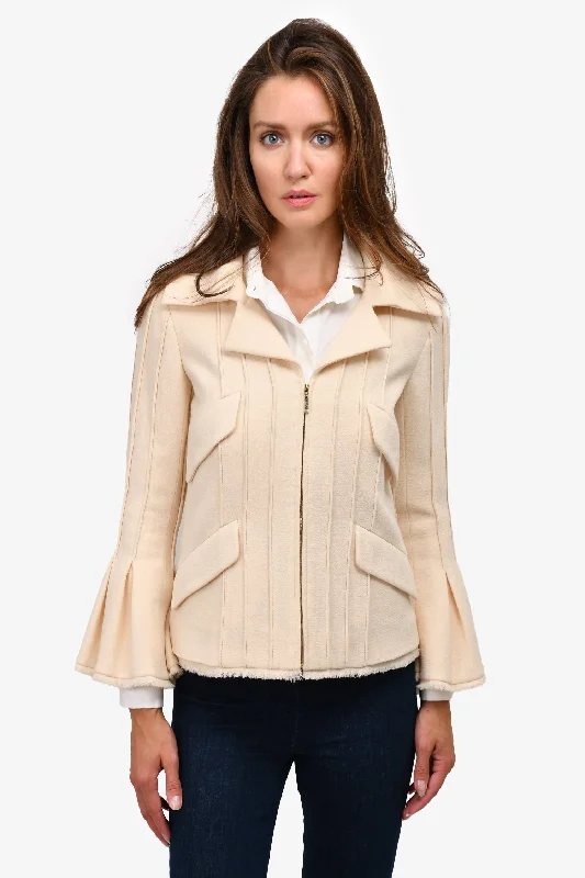 trendy bomber coatPre-Loved Chanel™ Cream Pleated Bell Sleeve Zip-Up Jacket Size 38