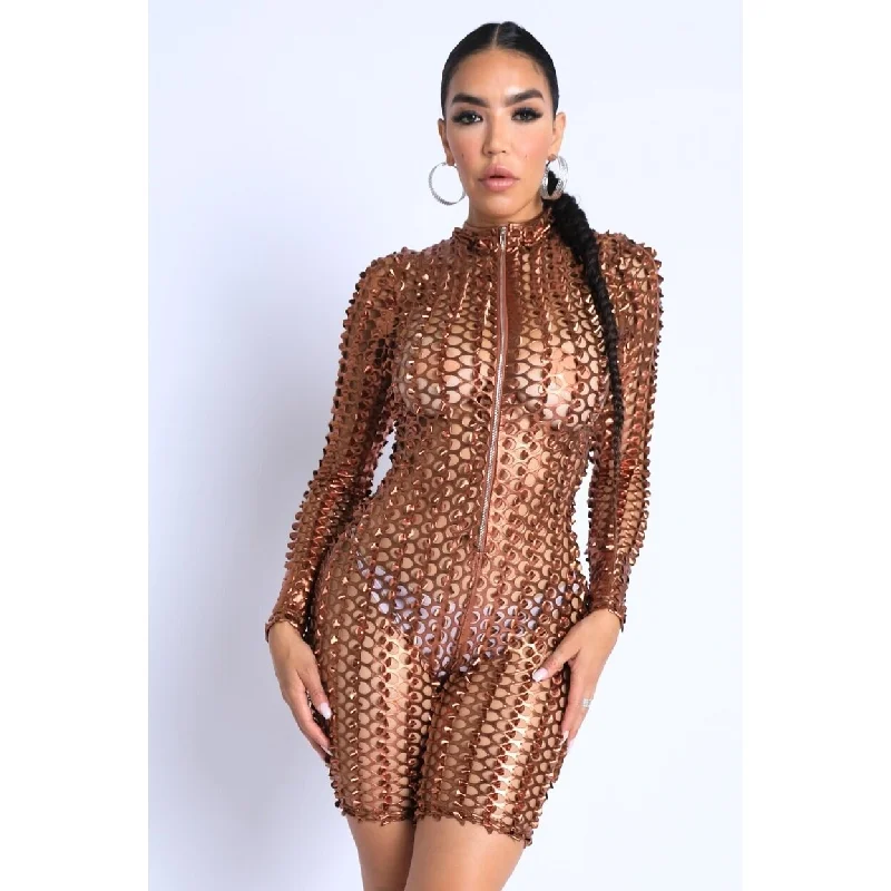 pleated maxi dressSexy Club Outfit Romper Long Sleeve Cutting Mesh Bodysuit