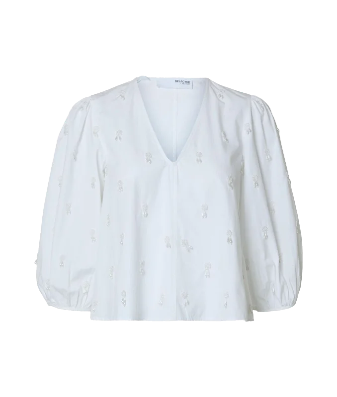 oversized puffer coatPearl Detail 3/4 Sleeved Blouse - White