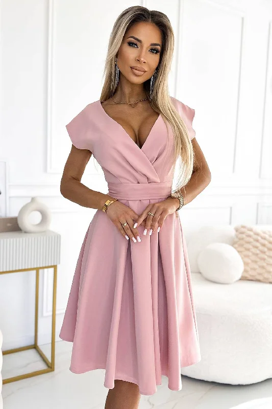 party-ready dressNumoco 348-9 SCARLETT flared dress with a neckline - powder pink