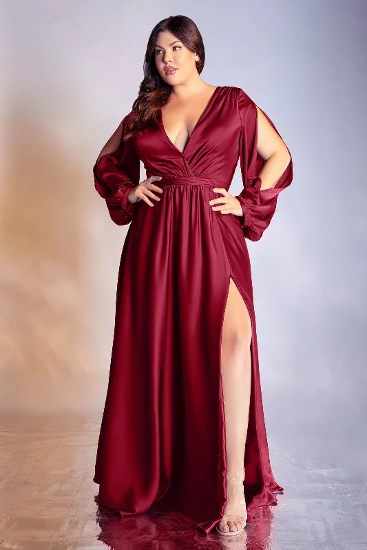 comfy maxi dressCurve Satin Plus Size A-line High Leg Slit Closed Shoulder Long Prom & Bridesmaid Dress CD7475C