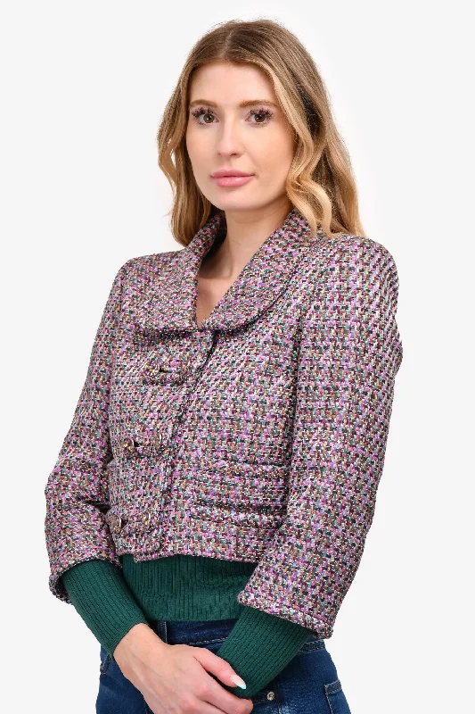 padded puffer coatPre-Loved Chanel™ Purple/Multicolour Woven 'Paris Salzburg' Cropped Jacket Size 38