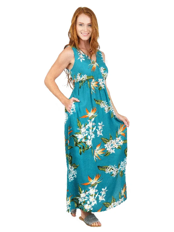 tiered dressLa Cera Teal Floral Printed Sleeveless Rayon Maxi Dress