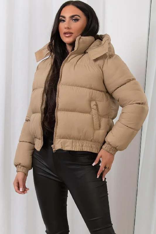 long-sleeve winter jacketCropped Puffer Jacket with Hood Beige