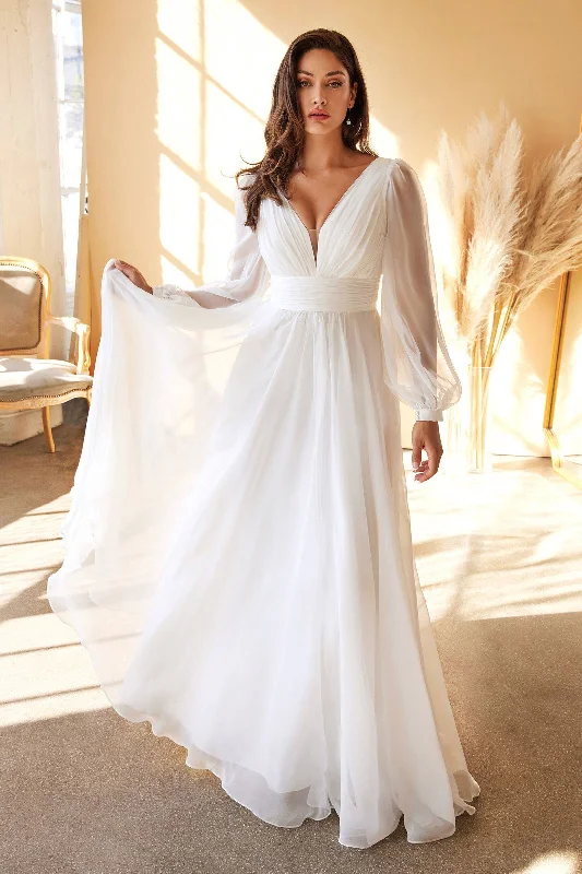 elegant dressLong Sleeve Layered Belted Skirt Chiffon Plunging V Neckline V-Back Long Wedding Dress CDCD0192W