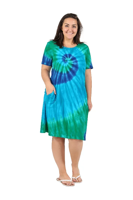 denim dressLa Cera Cotton Knit Short Sleeve Blue Turquoise Tie-Dye Dress - Plus Size