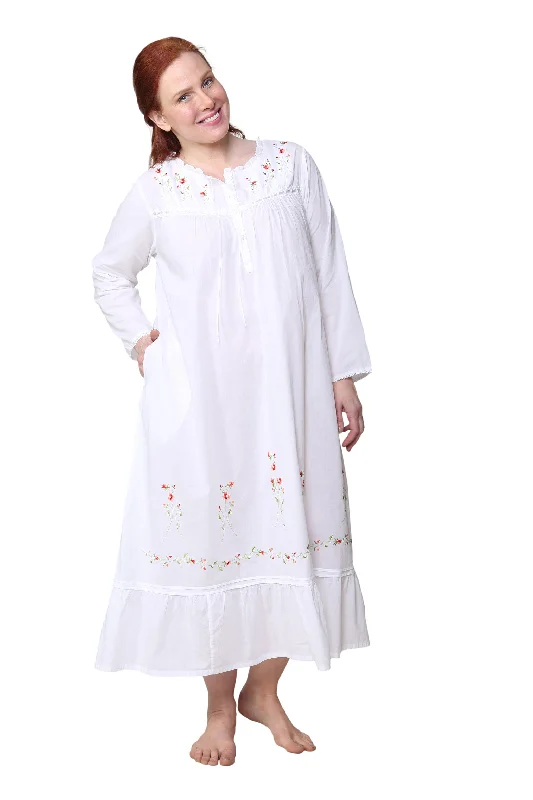 midi dressPlus Size 100% Cotton Embroidered Long Sleeve Gown