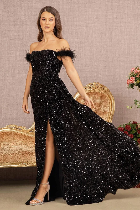 wrap-around dressFeather Sequin Velvet Mermaid w/ Velvet Side Waist Layer Long Prom Dress GLGL3163