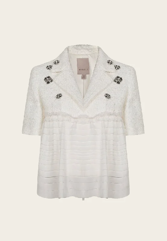 oversized puffer coatWhite Patchwork Rhinestone Embellished Tweed Chiffon Jacket