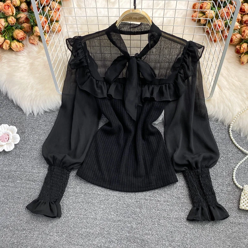 comfortable coatCute chiffon long sleeve tops see through tops     S81