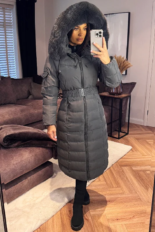 sleek trench coatLongline Puffer Padded Coat With Fur Hood And Belt Grey