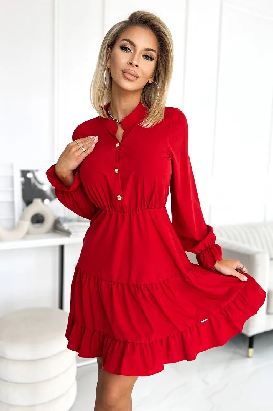 one-shoulder dressNumoco 395-1 Dress with a neckline and golden buttons - red