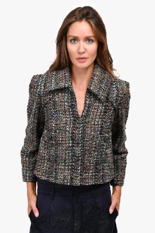 classic zip-up coatPre-Loved Chanel™ Brown/Green Metallic Fantasy Tweed Boxy Jacket Size 36