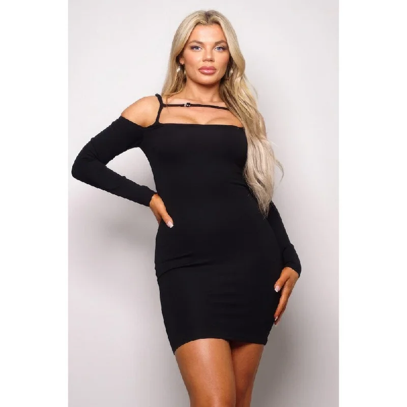 romantic dressRayon Long Sleeve Cuff Front Strap Mini Dress