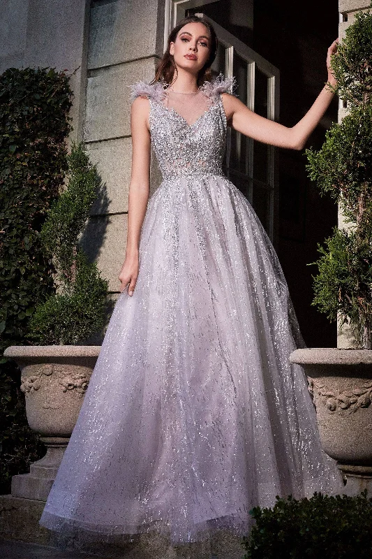 sleeveless dressFeather Layered Tulle A-Line Embroidererd Bodice Long Prom Dress CDB704