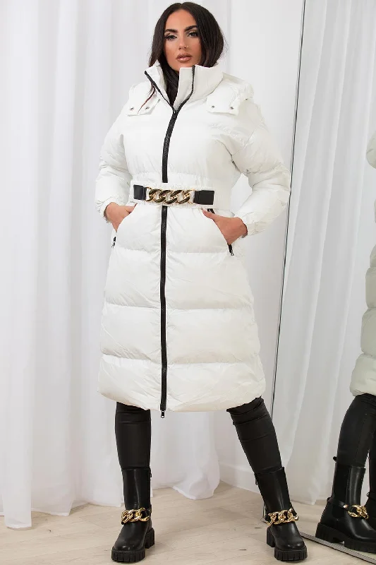 trendy jacketLong Puffer Padded Coat With Gold Chain Belt White