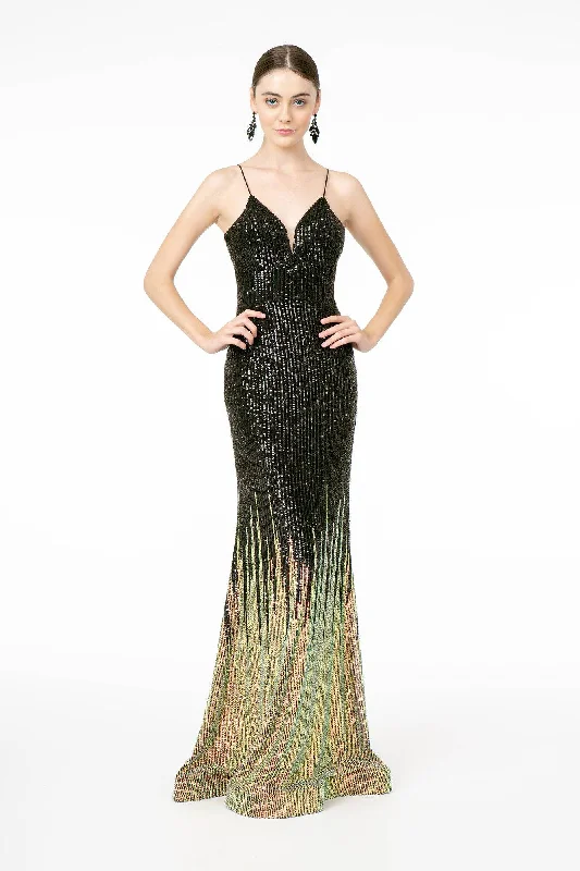 printed dressIllusion V-Neck Full Sequin Spaghetti Strap Long Prom Dress GLGL2899