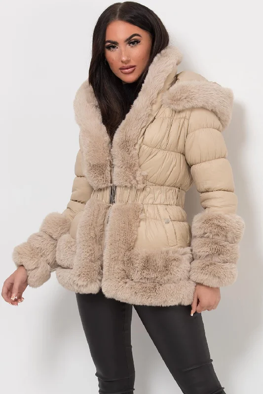 sleek and warm coatFaux Fur Trim Puffer Hooded Down Jacket With Belt Beige