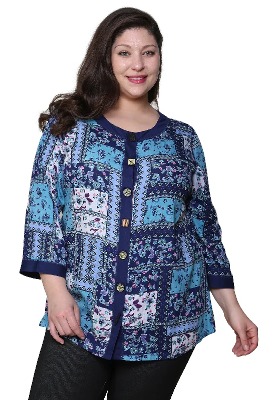 romantic dressPlus Size La Cera Blue Patchwork Top