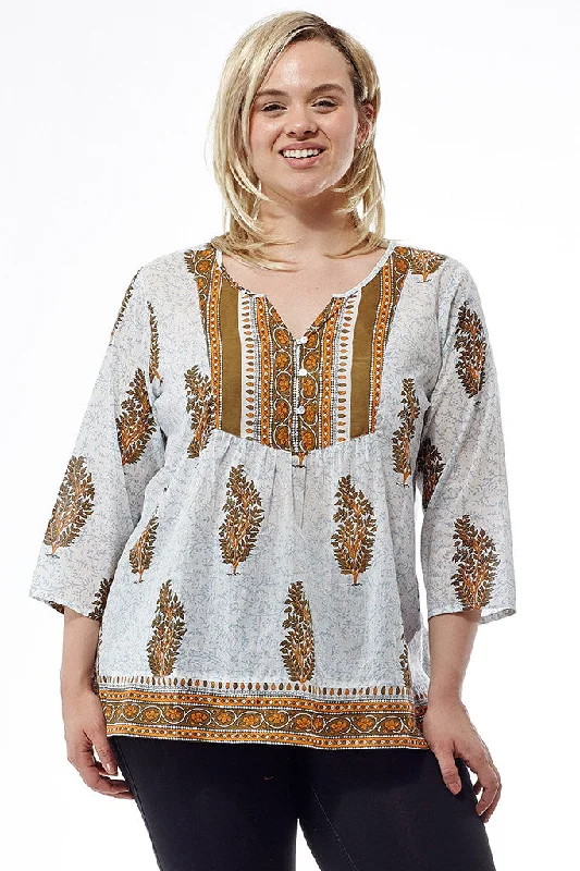 lace-up dressPlus Size Sage Block Print Cotton Tunic Top