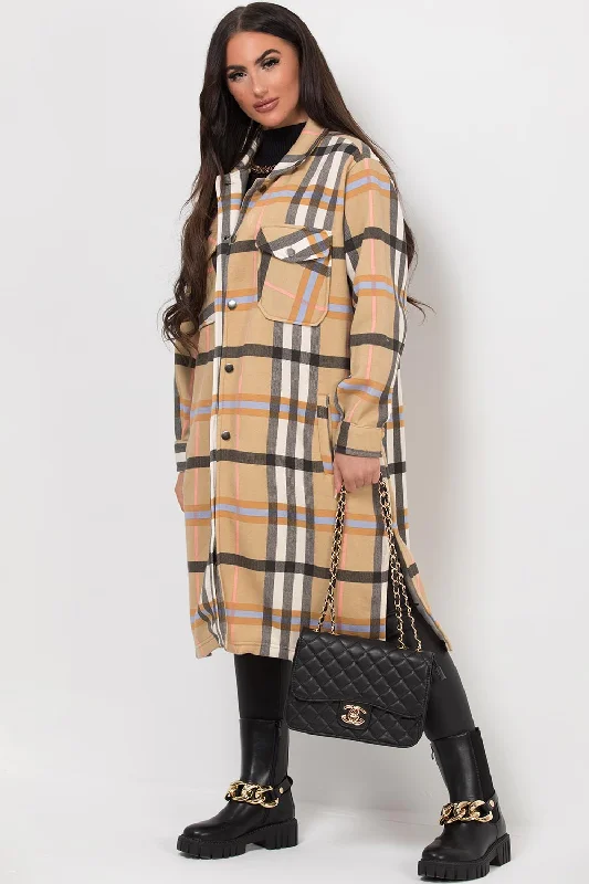 long-sleeve winter jacketLong Check Shacket Camel