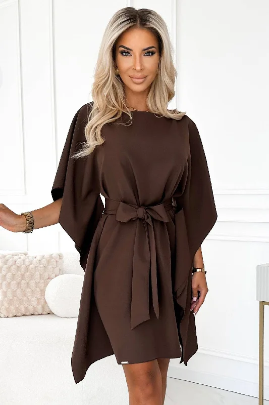 chic dressNumoco 287-33 SOFIA Butterfly dress with a binding at the waist - chocolate color