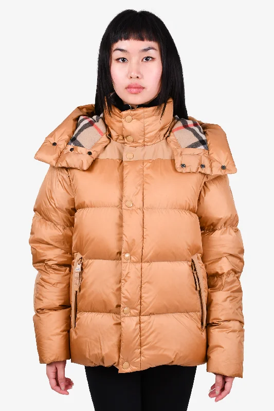 trendy puffer coatBurberry Tan Down Quilted Puffer Jacket with Novacheck Hood Size XXS