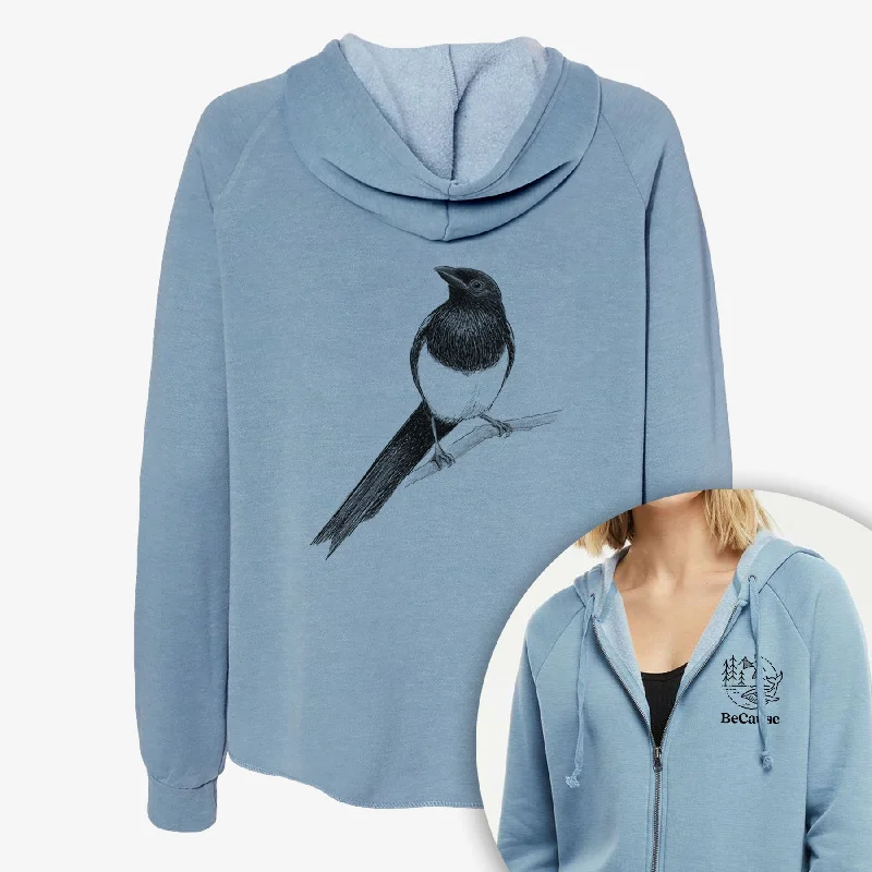 cool activewear hoodieBlack-billed Magpie - Pica hudsonia - Women's Cali Wave Zip-Up Sweatshirt