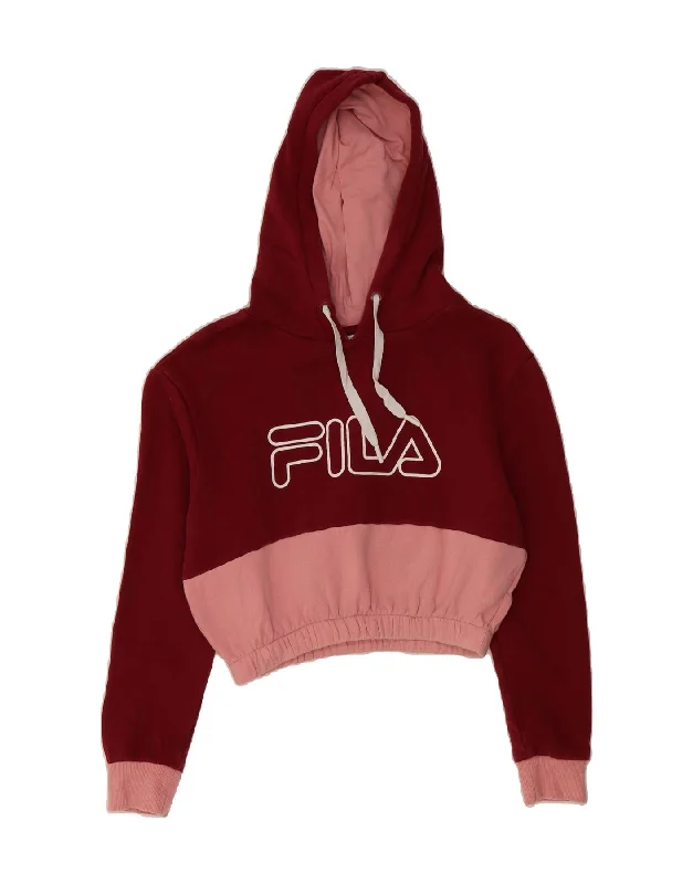 FILA Womens Crop Graphic Hoodie Jumper UK 6 XS Burgundy Colourblock Cotton