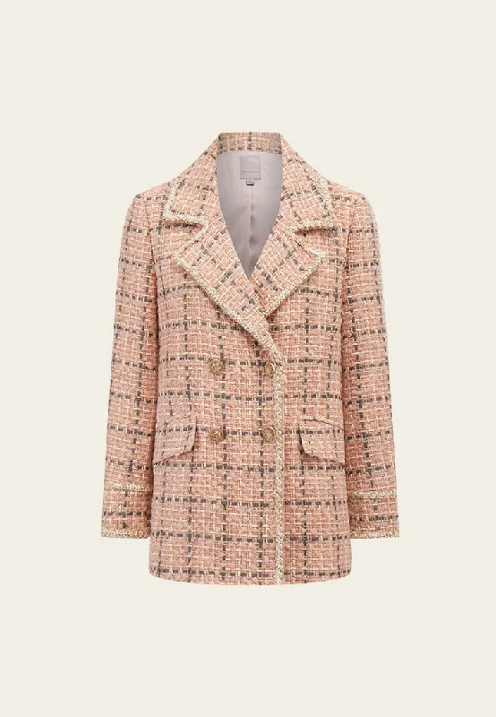 stylish coatPink Wool Plaid Tweed Double-Breasted Coat