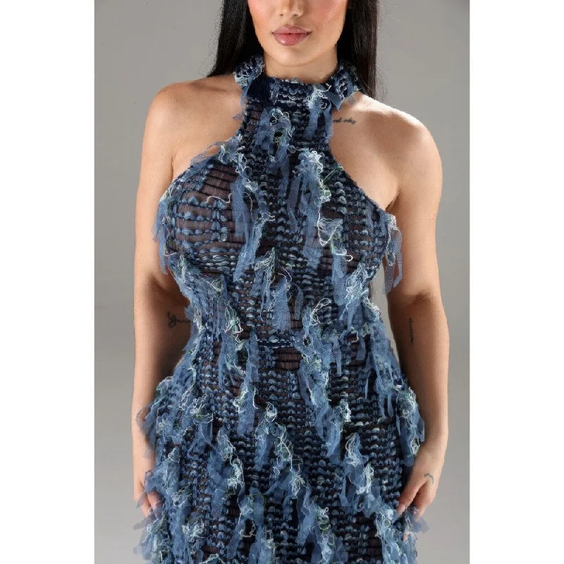 denim dressHalter Ruffled Dress, Stylish Mid Length Dress with Open Back and Multi Ruffle Details for Any Occasion