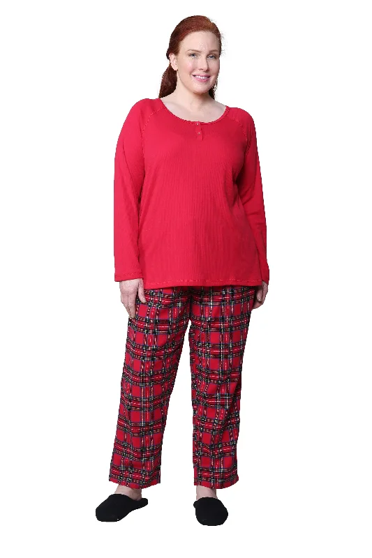 puff sleeve dressCotton Knit Top With Flannel Pajama Set - Plus Size