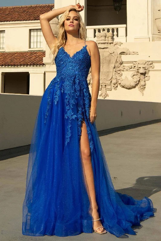 high-waisted dressV-Neck Embroidered Lace Tulle Skirt Slit Long Wedding & Prom Dress ACBZ014