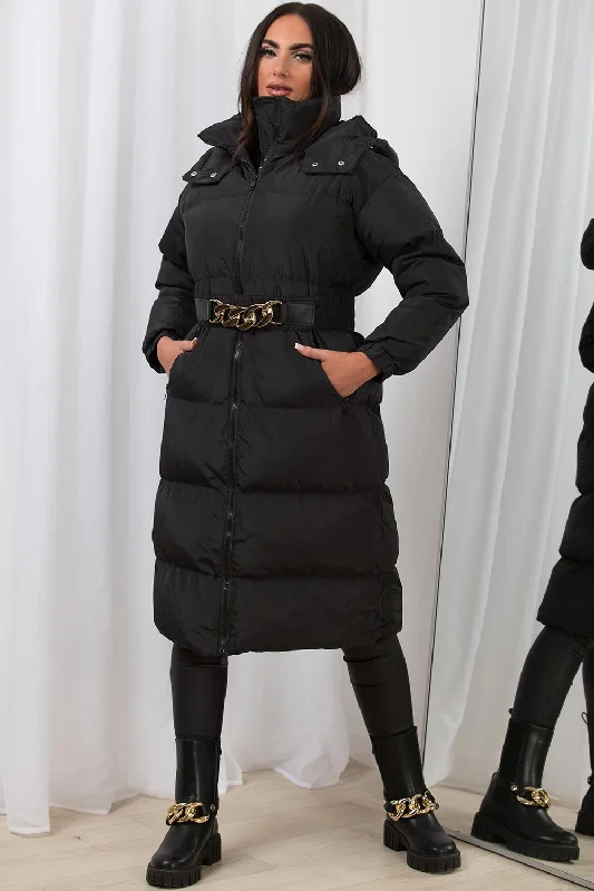 modern coatBlack Long Puffer Padded Coat With Gold Chain Belt