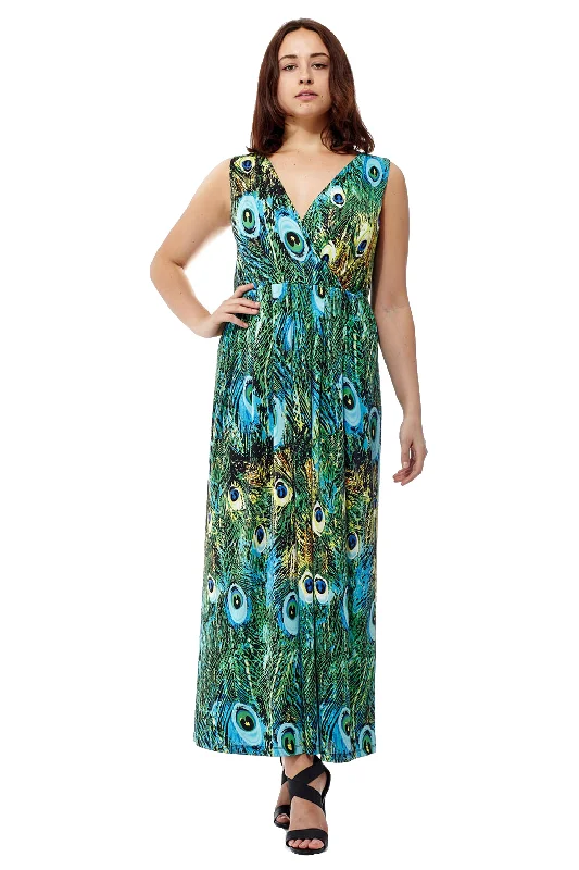 playful dressLa Cera Peacock Printed Sleevless Maxi Dress