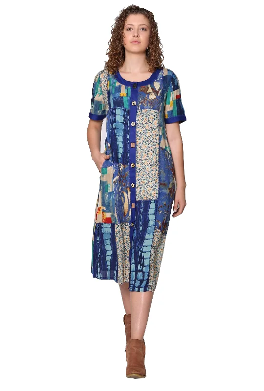 A-line dressNovelty Button Patchwork Rayon Print Dress