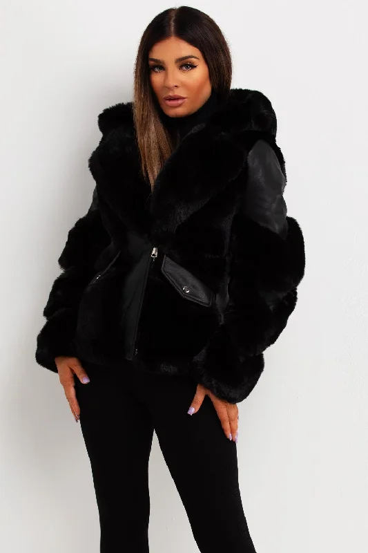 padded coatFaux Fur Lined Faux Leather Aviator Jacket Black