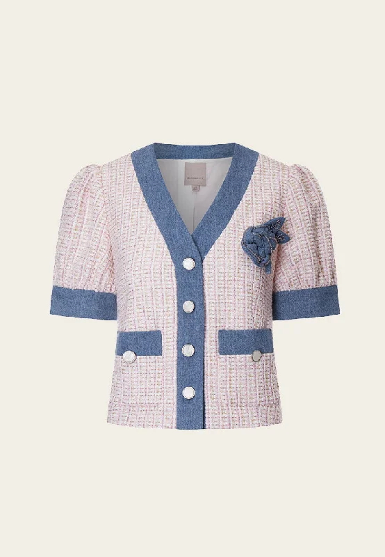 chic wool coatDenim-Detailing Puff Sleeve Tweed Jacket