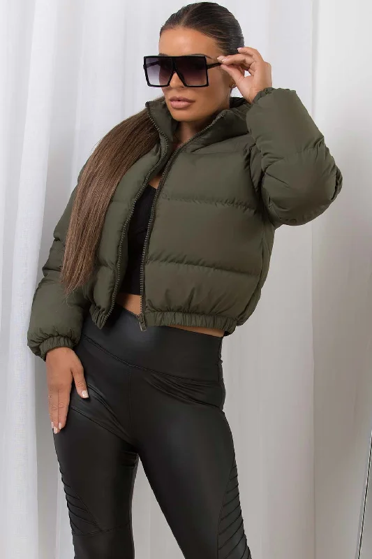 zip-up jacketKhaki Crop Puffer Jacket