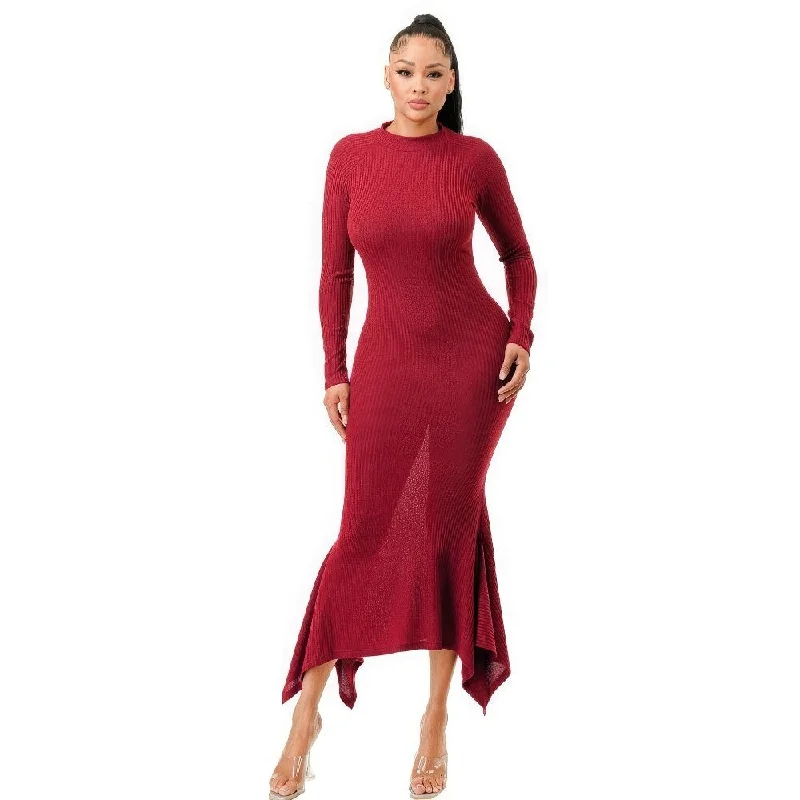 velvet dressLong Sleeves High Neck Dark Red Soft Faux Wool Long Dress