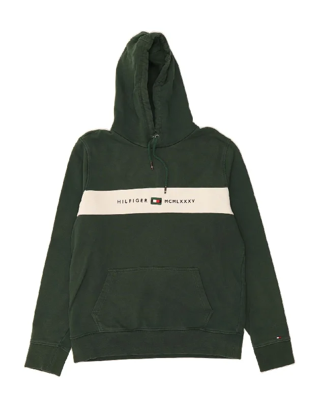 TOMMY HILFIGER Mens Graphic Hoodie Jumper Large Green Colourblock Cotton