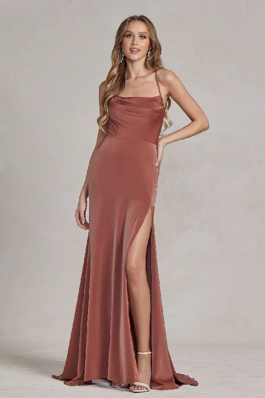 form-fitting dressSide Slit Cowl Neck Satin Open Criss Cross Back Long Evening Dress NXE1068