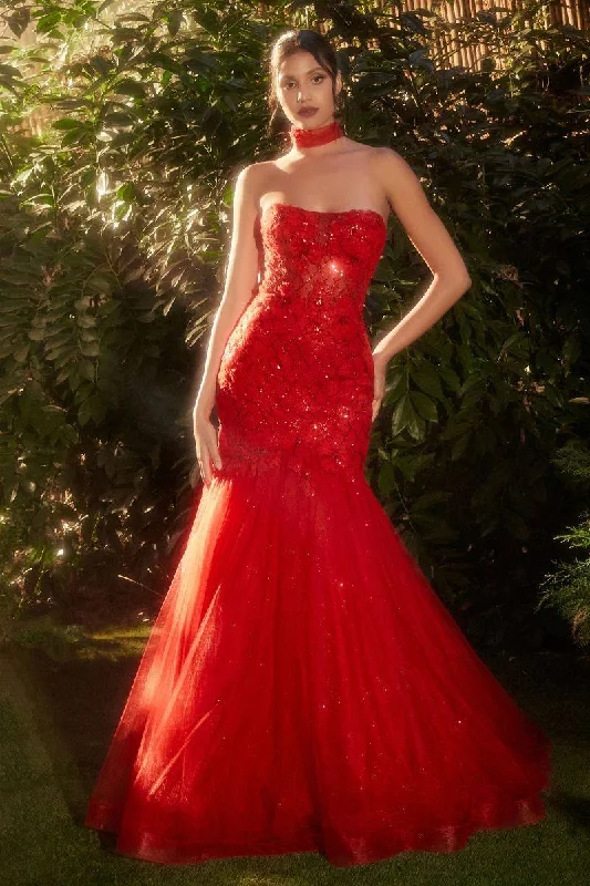 one-shoulder dressStrapless Red Tulle Mermaid Lace Up Back Long Prom Dress CDA1345