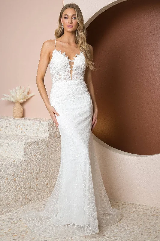 formal dressGlittery Deep V-Neck Bodice Trumpet Skirt Long Wedding Dress NXR282-1W